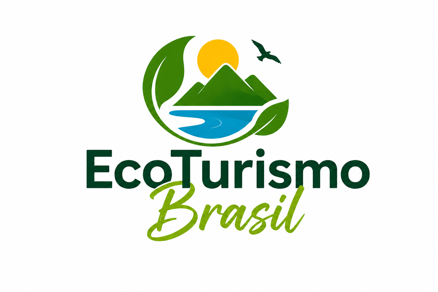 Logotipo da EcoTurismo Brasil exibindo montanhas, um rio, o sol e uma ave envoltos por folhas verdes, com o nome da marca escrito em verde-escuro e verde-claro sobre fundo branco.